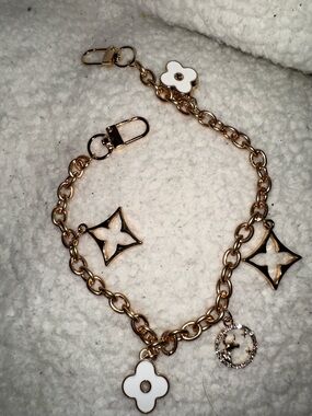 Gold-Tone White Enamel Flower Charm Link Bracelet